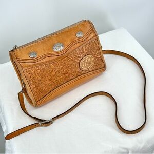 Vintage Circle Y Embossed Hand Tooled Leather Shoulder Bag Purse